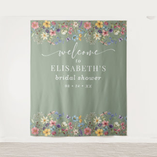 Wildflower Sage Green Bridal Shower Welcome Sign Tapestry