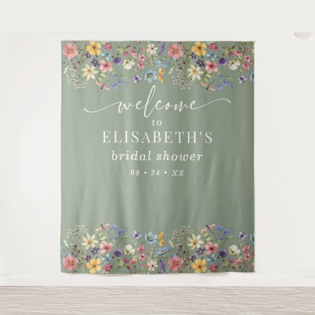 Wildflower Sage Green Bridal Shower Welcome Sign Tapestry (Front)