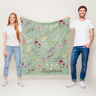 Wildflower Sage Green Custom Name Bridesmaid Gift Fleece Blanket
