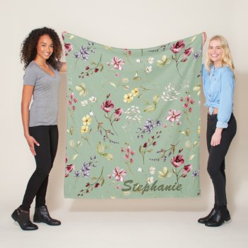 Wildflower Sage Green Custom Name Bridesmaid Gift  Fleece Blanket by DesignsByElina at Zazzle