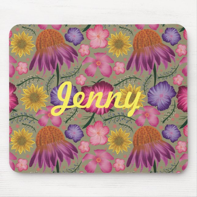 Wildflower Sage Green Floral Personalized Mouse Pad (Front)