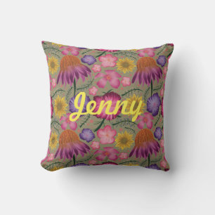 Wildflower Sage Green Floral Personalized  Throw Pillow