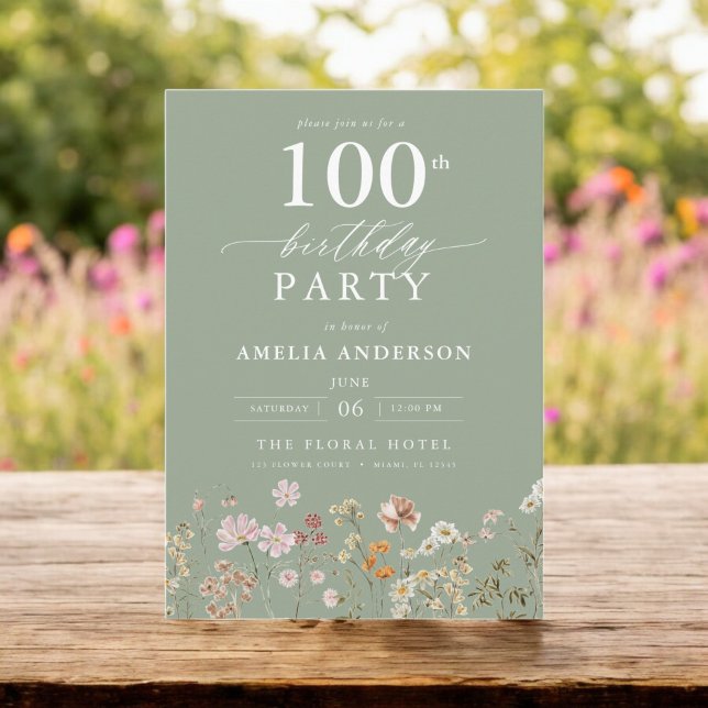 Wildflower Sage Green Garden Floral 100th Birthday Invitation (Creator Uploaded)