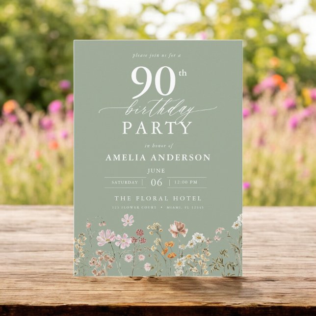 Wildflower Sage Green Garden Floral 90th Birthday Invitation (Creator Uploaded)