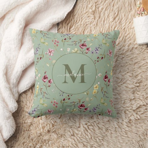 Wildflower Sage Green Monogram Bridesmaid Gift  Throw Pillow