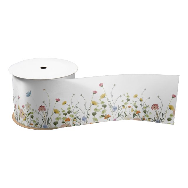 Wildflower Satin Ribbon, Summer field flowers Ribbon (Spool)