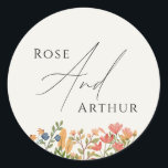 Wildflower Script Wedding Classic Round Sticker<br><div class="desc">This whimsical minimalist script wedding classic round sticker is perfect for your classic simple black and white minimal modern boho wedding. The design features elegant, delicate, and romantic handwritten calligraphy lettering with formal shabby chic typography. The look will go well with any wedding season: spring, summer, fall, or winter! The...</div>