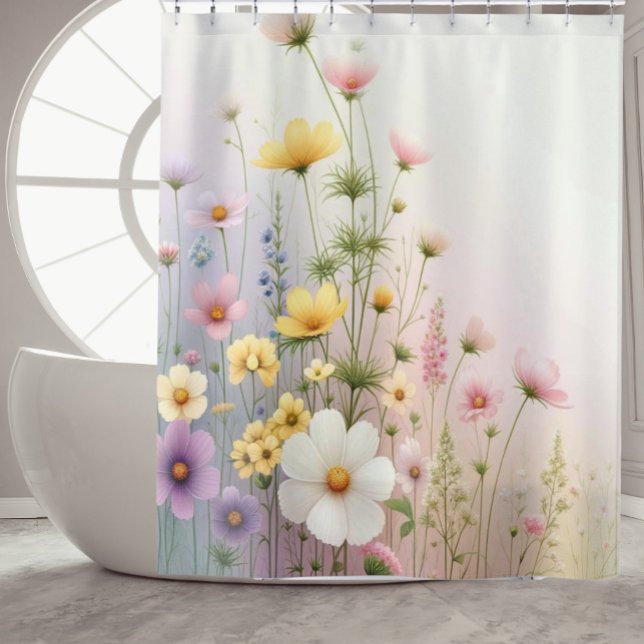 Wildflower Shower Curtain Botanical Bathroom Decor (Pastel wildflower shower curtain with watercolor florals in pink, purple, yellow, and green tones.)