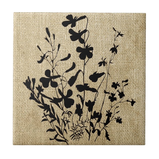 Wildflower Silhouette Burlap Ceramic Tile (Front)