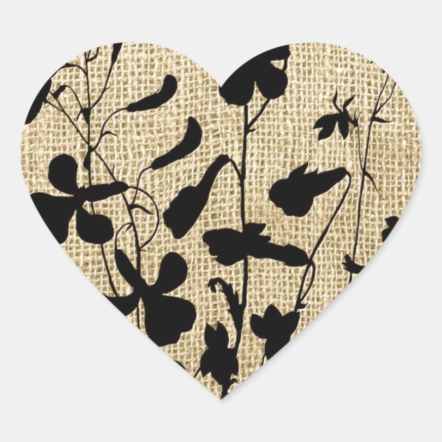 Wildflower Silhouette Burlap Heart Sticker (Front)
