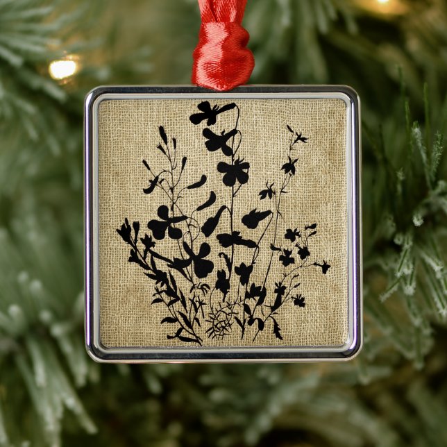 Wildflower Silhouette Burlap Metal Ornament (Tree)