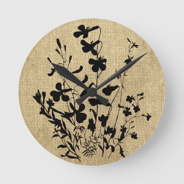 Wildflower Silhouette Burlap Round Clock (Front)