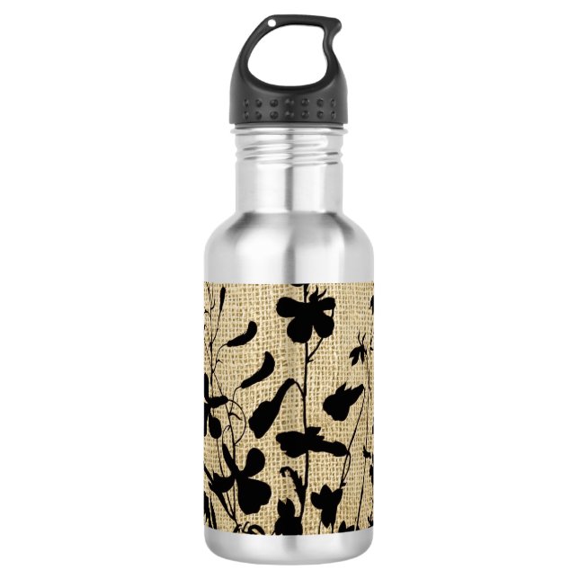 Wildflower Silhouette Burlap Water Bottle (Front)