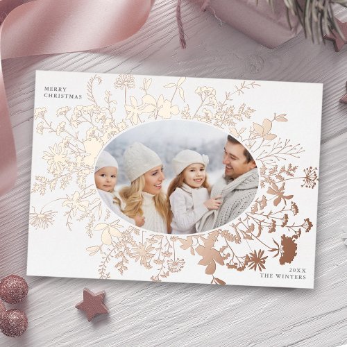  Wildflower Silhouette Christmas Photo Rose Gold Foil Holiday Card