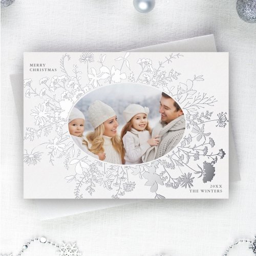  Wildflower Silhouette Christmas Photo Silver Foil Holiday Card