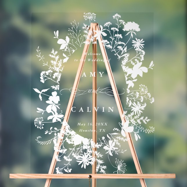 Wildflower Silhouette Frame Wedding Welcome Acrylic Sign (Neutral)
