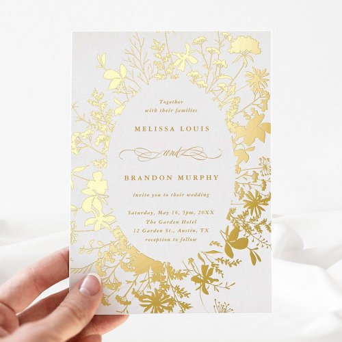 Wildflower Silhouette Oval Frame Wedding Gold Foil Invitation
