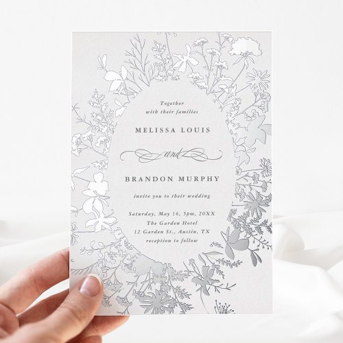 Wildflower Silhouette Oval Frame Wedding Silver Foil Invitation