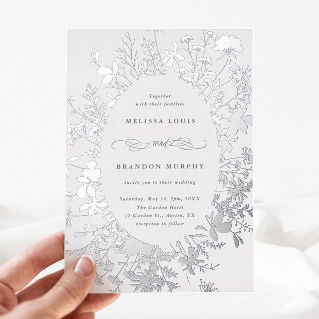 Wildflower Silhouette Oval Frame Wedding Silver Foil Invitation (Creator Uploaded)