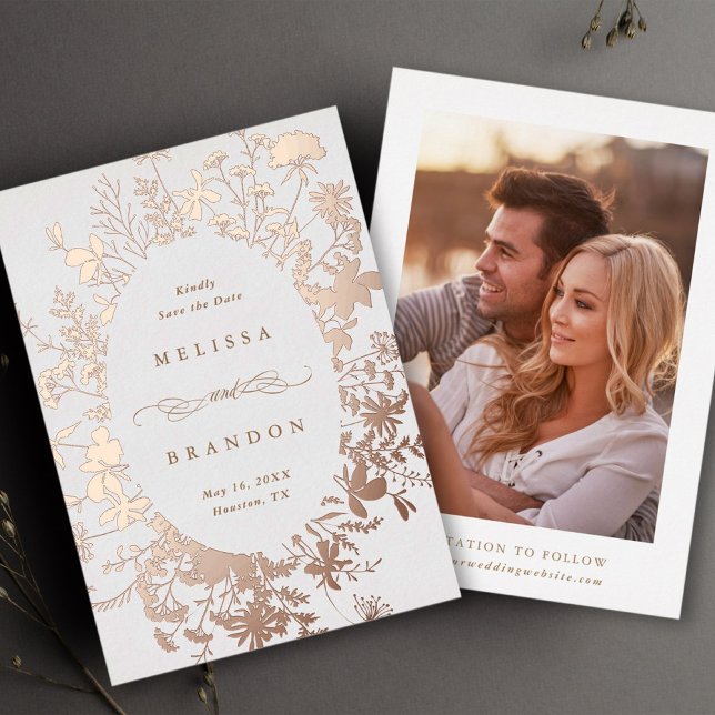 Wildflower Silhouette Wedding Save the Date Photo  Foil Invitation (Creator Uploaded)