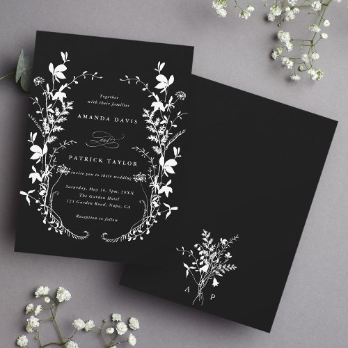 Wildflower Silhouette Wreath Wedding Black Invitation