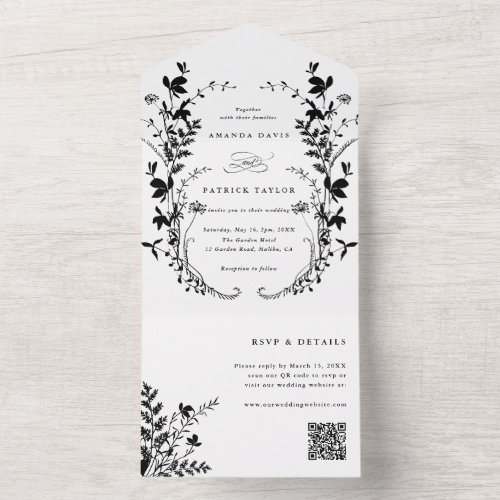 Wildflower Silhouette Wreath Wedding Black  White All In One Invitation