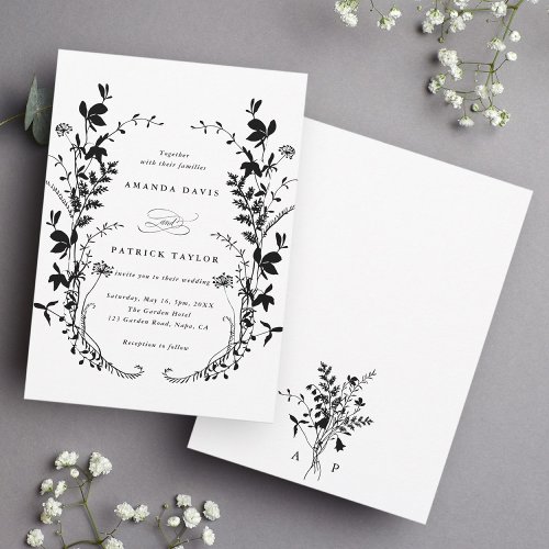 Wildflower Silhouette Wreath Wedding Black  White Invitation