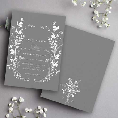 Wildflower Silhouette Wreath Wedding Gray Invitation