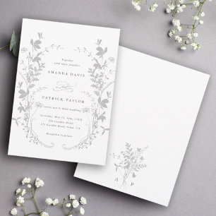 Wildflower Silhouette Wreath Wedding Gray & White Invitation