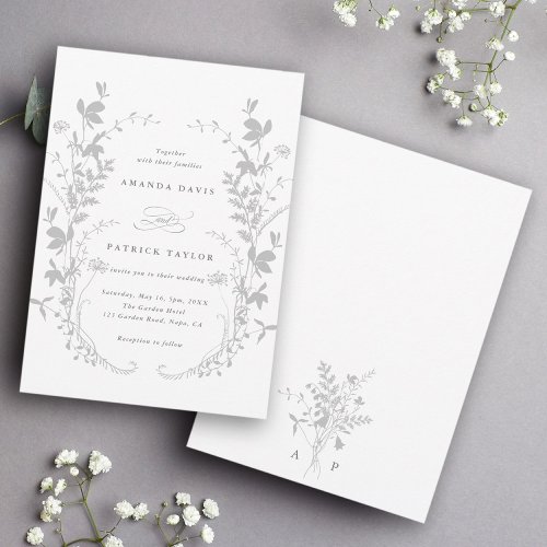 Wildflower Silhouette Wreath Wedding Gray  White Invitation