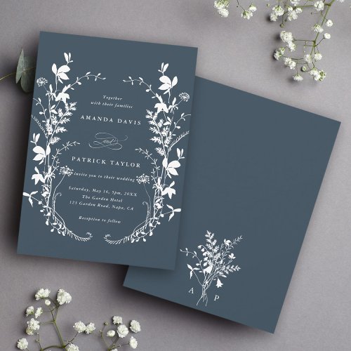Wildflower Silhouette Wreath Wedding Navy Blue Invitation