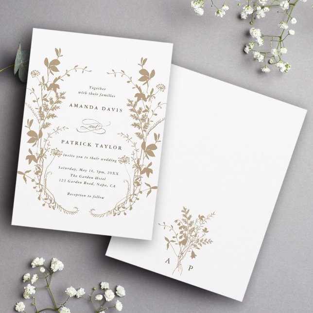Wildflower Silhouette Wreath Wedding Tan & White Invitation (Front & Back)