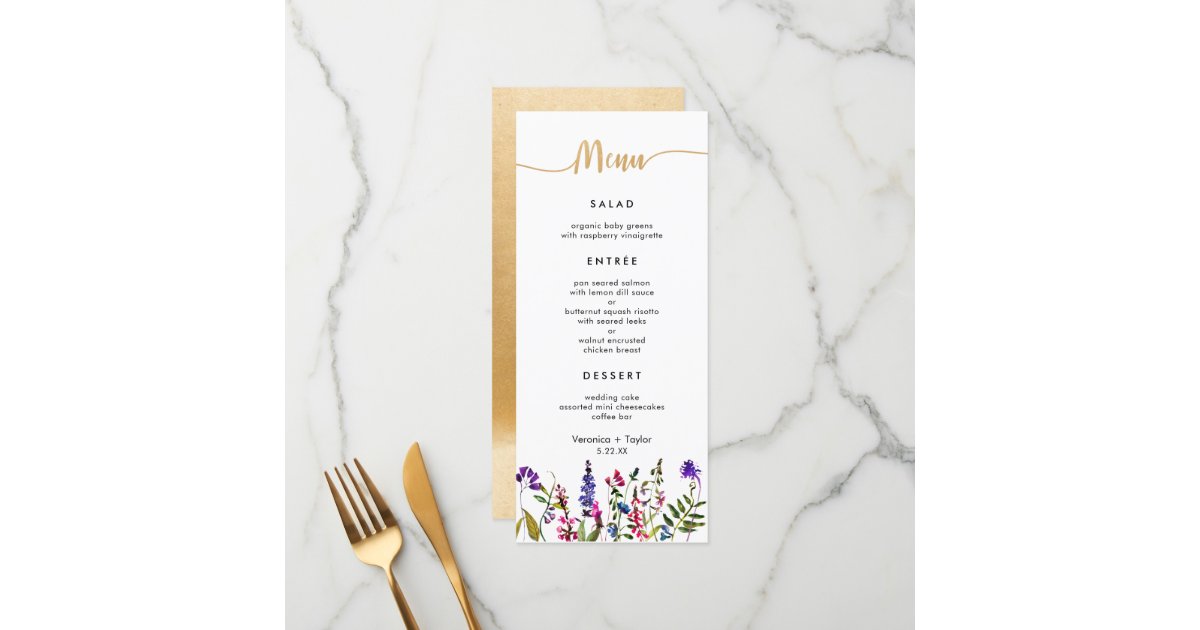 Wildflower Simple 3 course wedding menu Zazzle