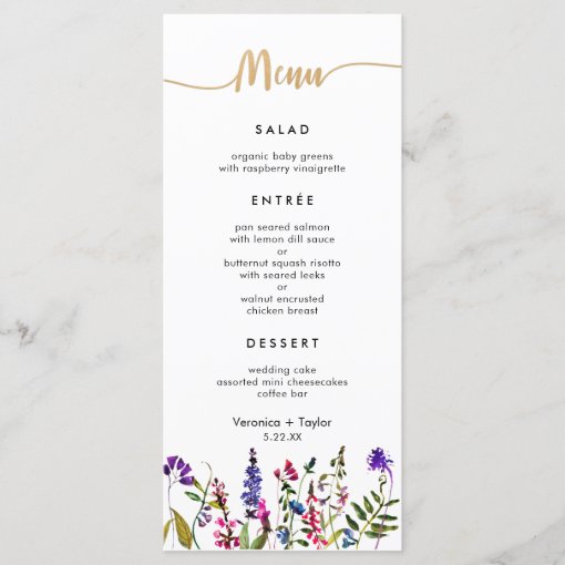 Wildflower Simple 3 course wedding menu | Zazzle