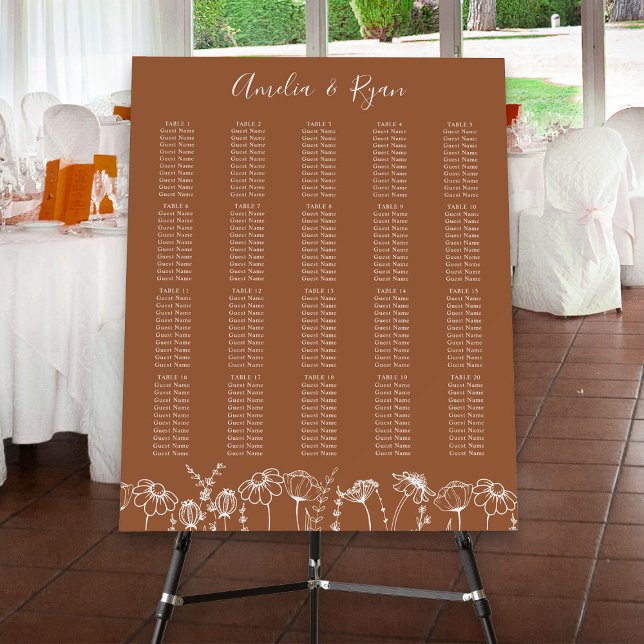 Wildflower Sketch 20 Table Wedding Seating Chart Foam Board (Wedding Seating Chart inBurnt Orange with wild flower border - Wildflower Sketch wedding collection)