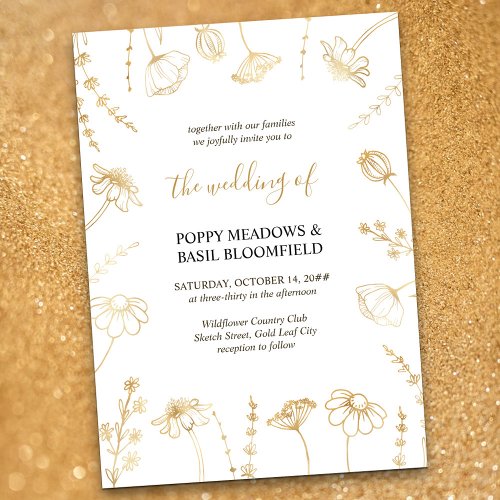 Wildflower Sketch Gold Flowers Elegant Wedding Invitation