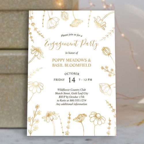 Wildflower Sketch Gold Flowers Engagement Party Invitation