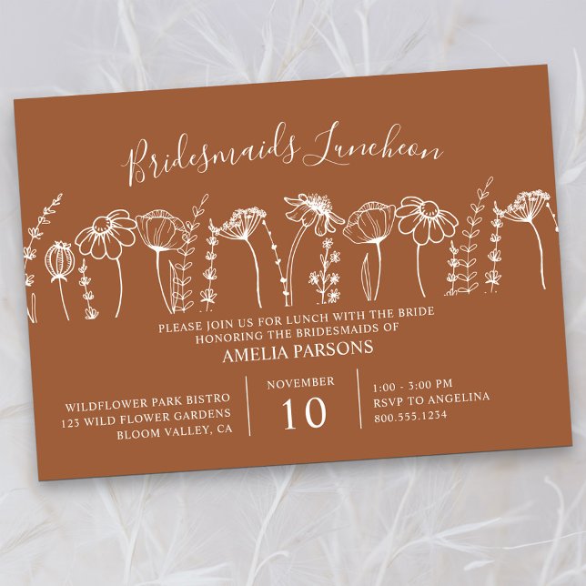 Wildflower Sketch Orange Bridesmaids Luncheon Invitation (Bridesmaids Luncheon Invitation in Terracotta Burnt Orange, from my Wildflower Sketch collection)