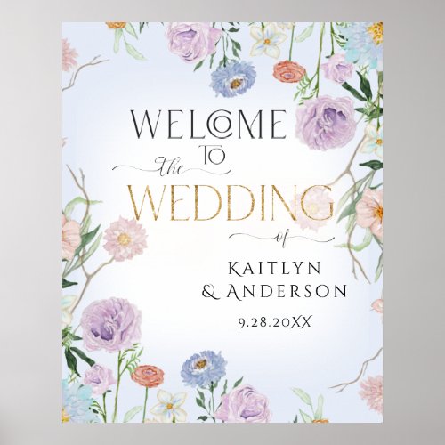 Wildflower Sky Blue Floral Welcome Wedding Poster