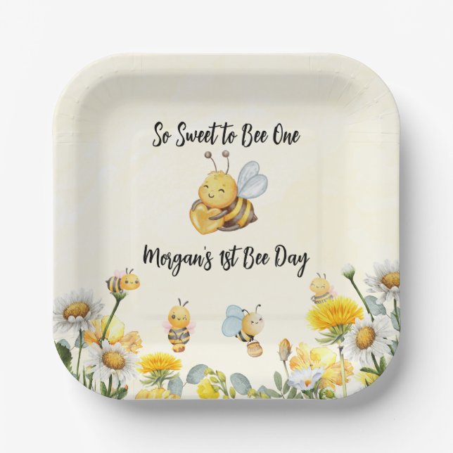 Wildflower So Sweet Bee One 1st Bee Day Birthday Paper Plates (Front)