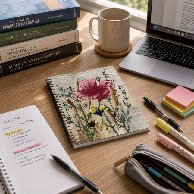 Wildflower Spiral Notebook (Wildflower spiral notebook on a college study desk with books, laptop, and school supplies.)