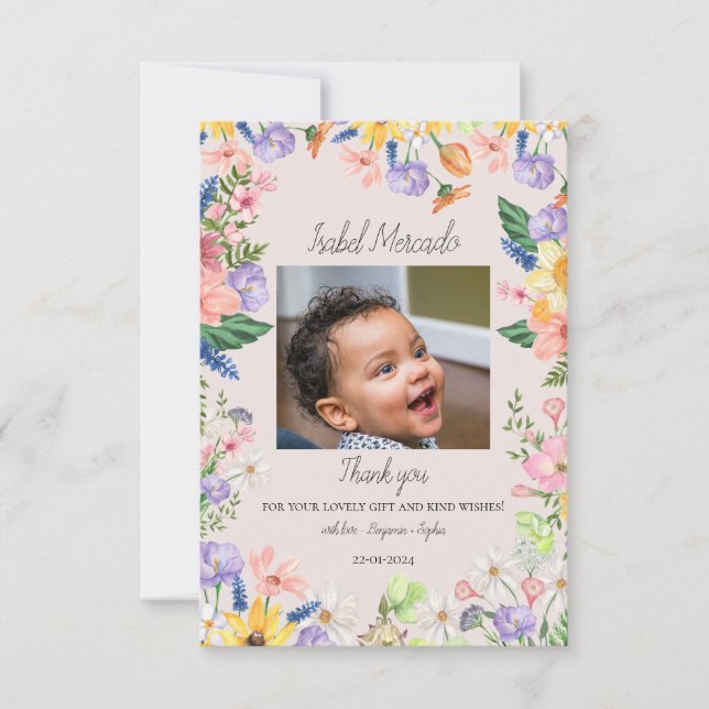 Wildflower Spring Baby shower Photo Thank You Card (Front)
