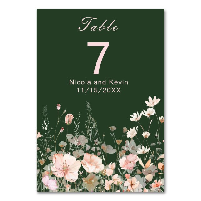 Wildflower Spring Blush Pink Floral Wedding Table Number (Front)