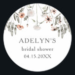 Wildflower Spring Bridal Shower Classic Round Sticker<br><div class="desc">Boho wildflower theme favor sticker featuring watercolor illustration of pink and white flowers. Perfect for a spring bridal shower or wedding shower.</div>