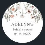 Wildflower Spring Bridal Shower Classic Round Sticker<br><div class="desc">Boho wildflower theme favor sticker featuring watercolor illustration of pink and white flowers. Perfect for a spring bridal shower or wedding shower.</div>