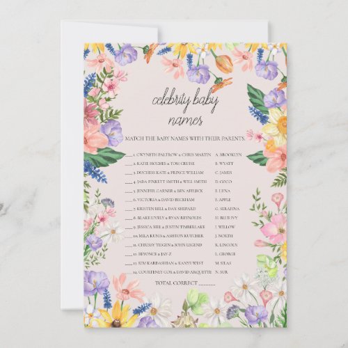 Wildflower Spring Celebrity Baby Names Game Card