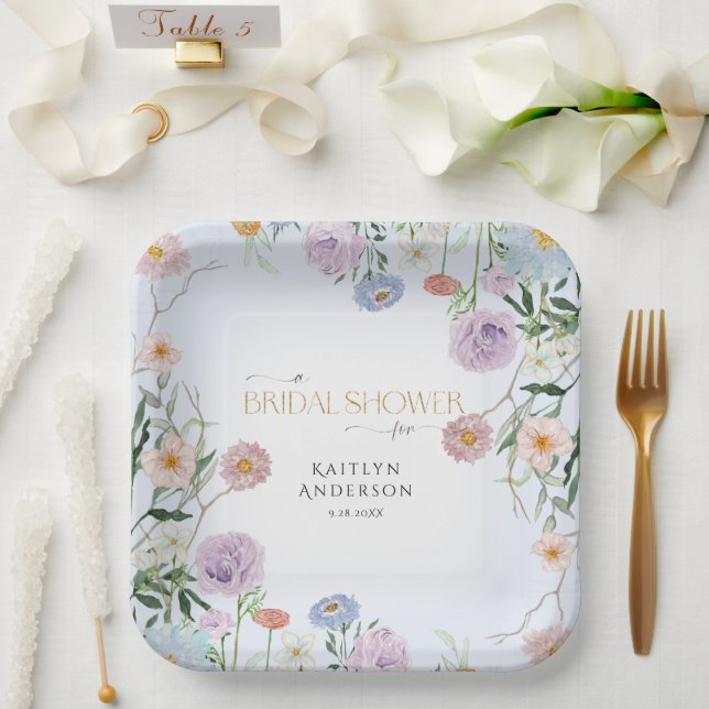 Wildflower Spring Floral Blue n Pink Bridal Shower Paper Plates (Wedding)