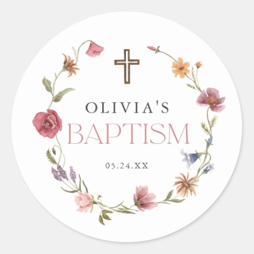 Wildflower Spring Floral Girl Baptism Party Classic Round Sticker