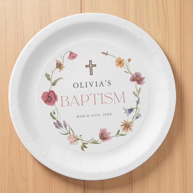 Wildflower Spring Floral Girl Baptism Party Paper Plates (Creator Uploaded)