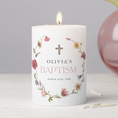 Wildflower Spring Floral Girl Baptism Party Pillar Candle